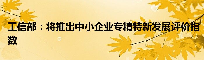 工信部:将推出中小企业专精特新发展评价指数