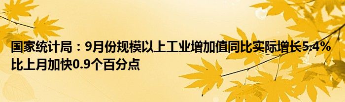 国家统计局:9月份规模以上工业增加值同比实际增长5.4% 比上月加快0.9个百分点