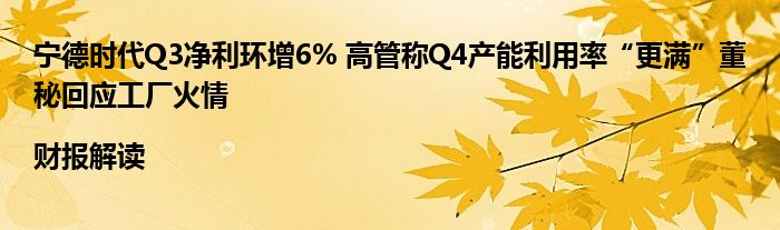 宁德时代Q3净利环增6% 高管称Q4产能利用率“更满”董秘回应工厂火情 |财报解读