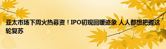 亚太市场下周火热募资!IPO初现回暖迹象 人人都想把握这轮复苏