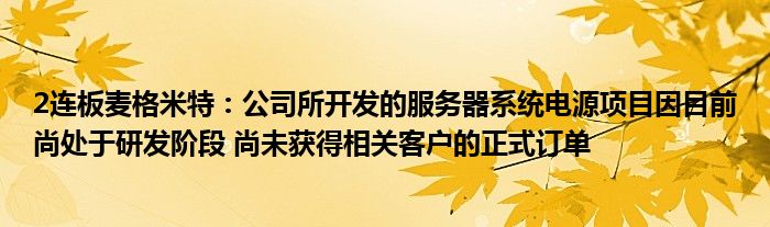 2连板麦格米特：公司所开发的服务器系统电源项目因目前尚处于研发阶段 尚未获得相关客户的正式订单