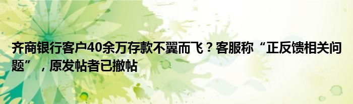 齐商银行客户40余万存款不翼而飞?客服称“正反馈相关问题”,原发帖者已撤帖