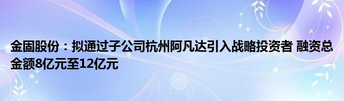 金固股份:拟通过子公司杭州阿凡达引入战略投资者 融资总金额8亿元至12亿元