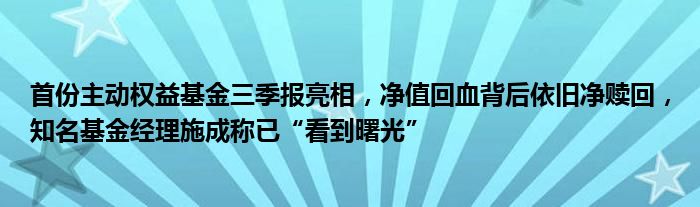 首份主动权益基金三季报亮相,净值回血背后依旧净赎回,知名基金经理施成称已“看到曙光”