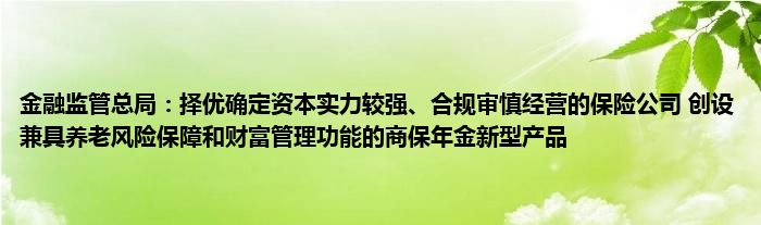 金融监管总局:择优确定资本实力较强、合规审慎经营的保险公司 创设兼具养老风险保障和财富管理功能的商保年金新型产品