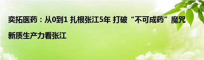 奕拓医药:从0到1 扎根张江5年 打破“不可成药”魔咒|新质生产力看张江