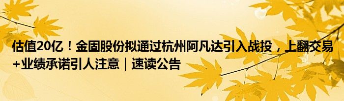 估值20亿!金固股份拟通过杭州阿凡达引入战投,上翻交易+业绩承诺引人注意|速读公告