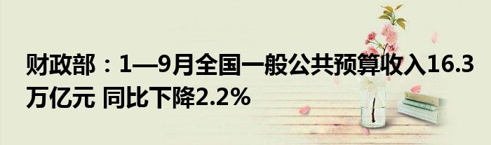财政部:1—9月全国一般公共预算收入16.3万亿元 同比下降2.2%