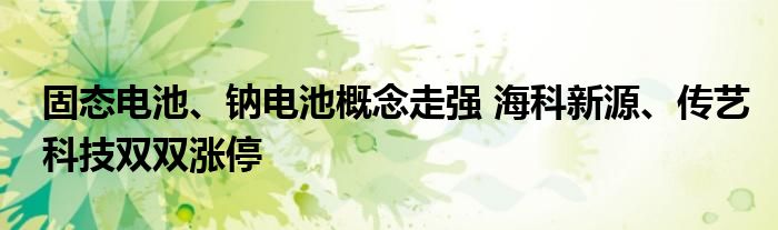 固态电池、钠电池概念走强 海科新源、传艺科技双双涨停