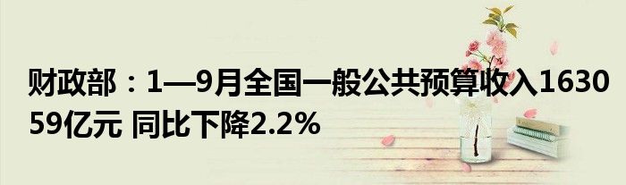 财政部:1—9月全国一般公共预算收入163059亿元 同比下降2.2%
