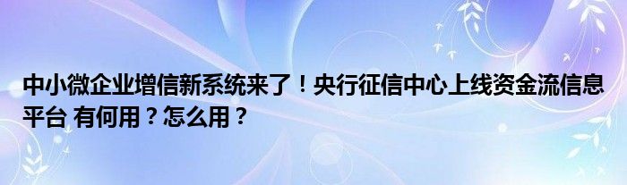 中小微企业增信新系统来了!央行征信中心上线资金流信息平台 有何用?怎么用?