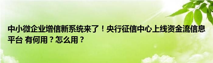 中小微企业增信新系统来了!央行征信中心上线资金流信息平台 有何用?怎么用?