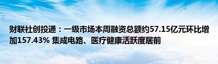 财联社创投通:一级市场本周融资总额约57.15亿元环比增加157.43% 集成电路、医疗健康活跃度居前