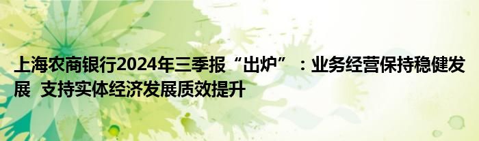上海农商银行2024年三季报“出炉”:业务经营保持稳健发展 支持实体经济发展质效提升